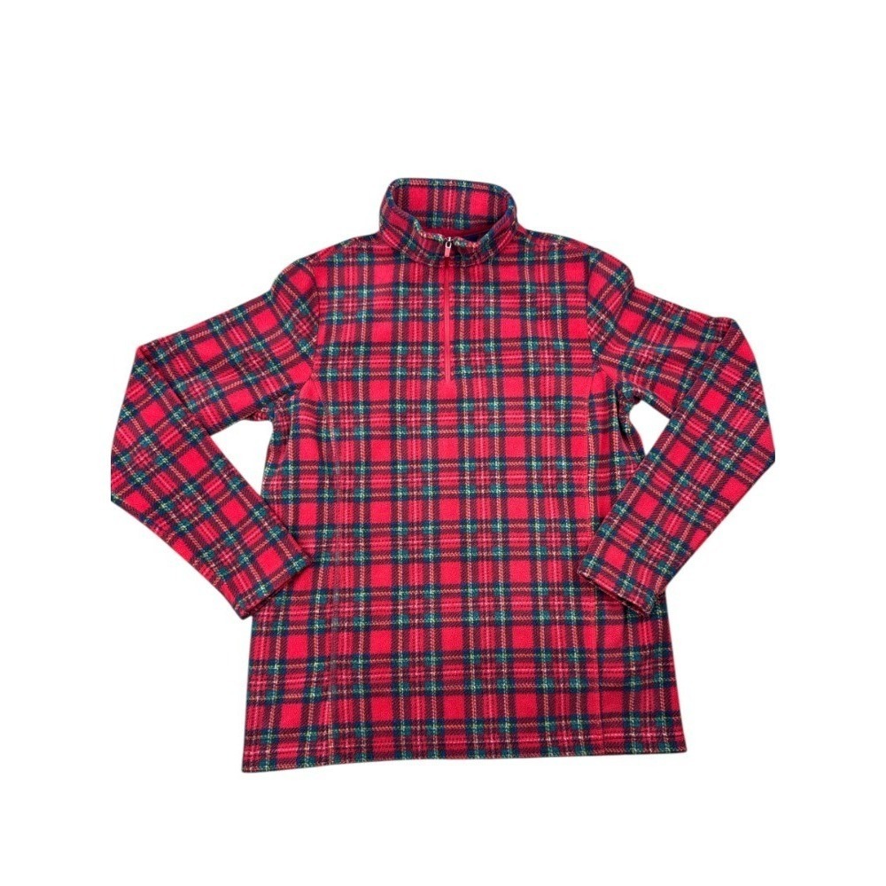 Lands' End Pullover‎ Women's Small Red Navy Plaid Quarter Zip Fleece Long Sleeve